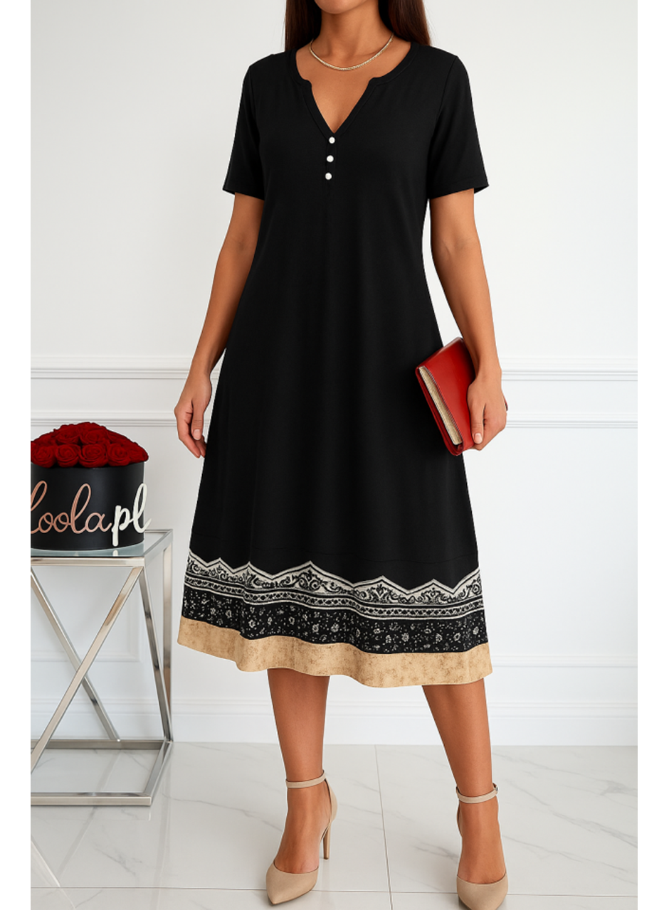 Kadın Kısa Kollu V Yakalı Etek Ucu Desenli Viskon Elbise