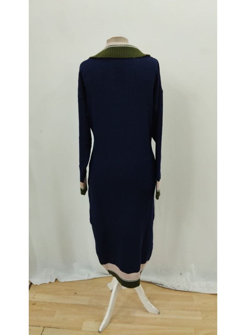 Kadın Uzun Kollu Yakalı çok Renkli Triko Uzun Elbise