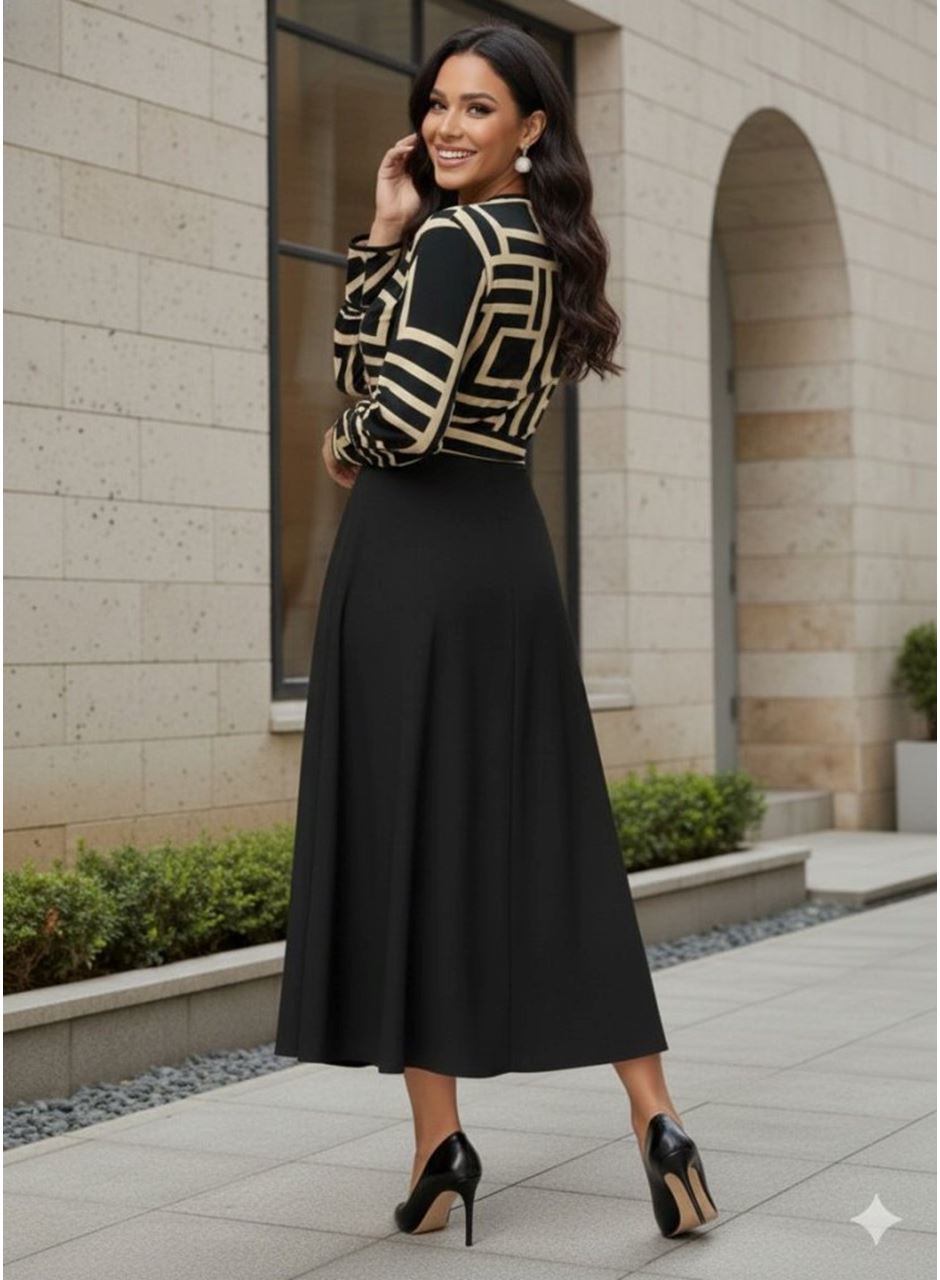 Kadın Uzun Kollu Kruvaze Yaka Dalgıç Krep Midi Boy Elbise