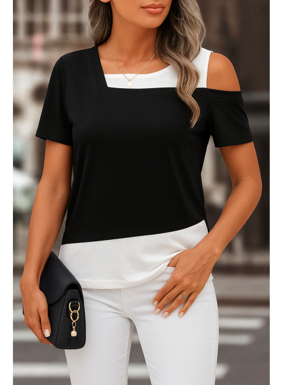 Kadın Kısa Kollu Geometrik Kesin Detaylı çift Renkli Viskon Bluz