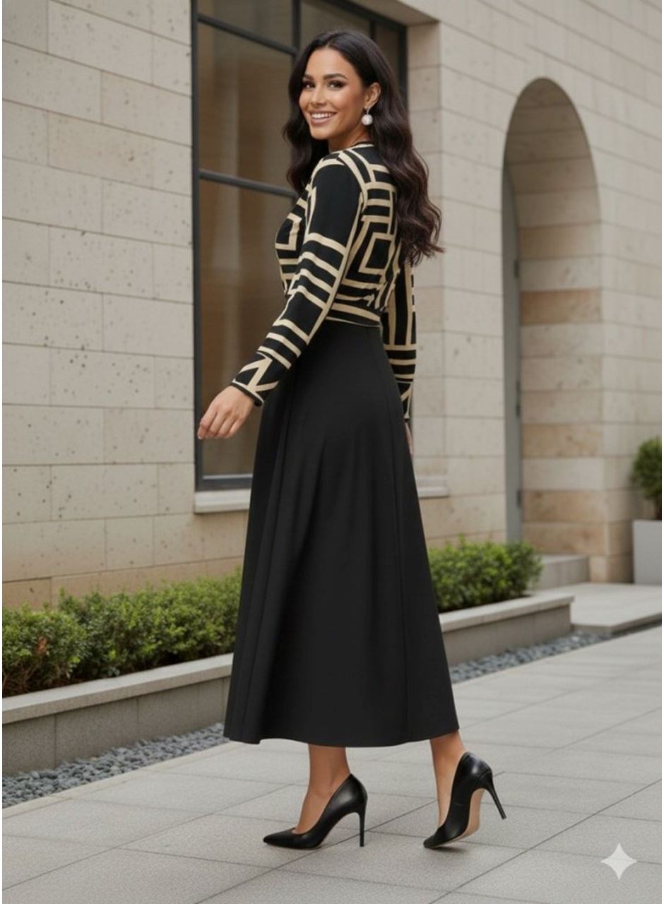 Kadın Uzun Kollu Kruvaze Yaka Dalgıç Krep Midi Boy Elbise