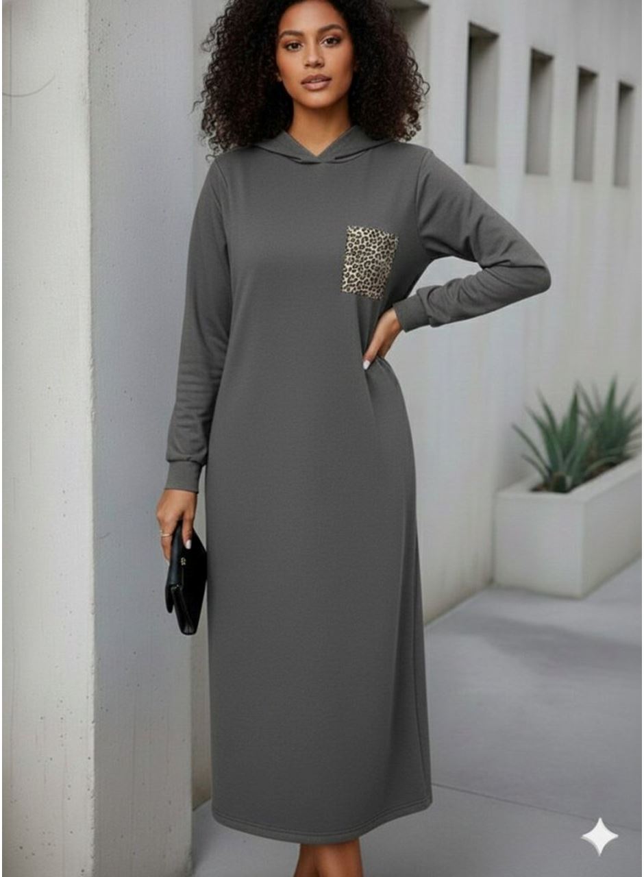 Kadın Uzun Kollu Kapşonlu Cep Detaylı Viskon Iki Iplik Maxi Elbise