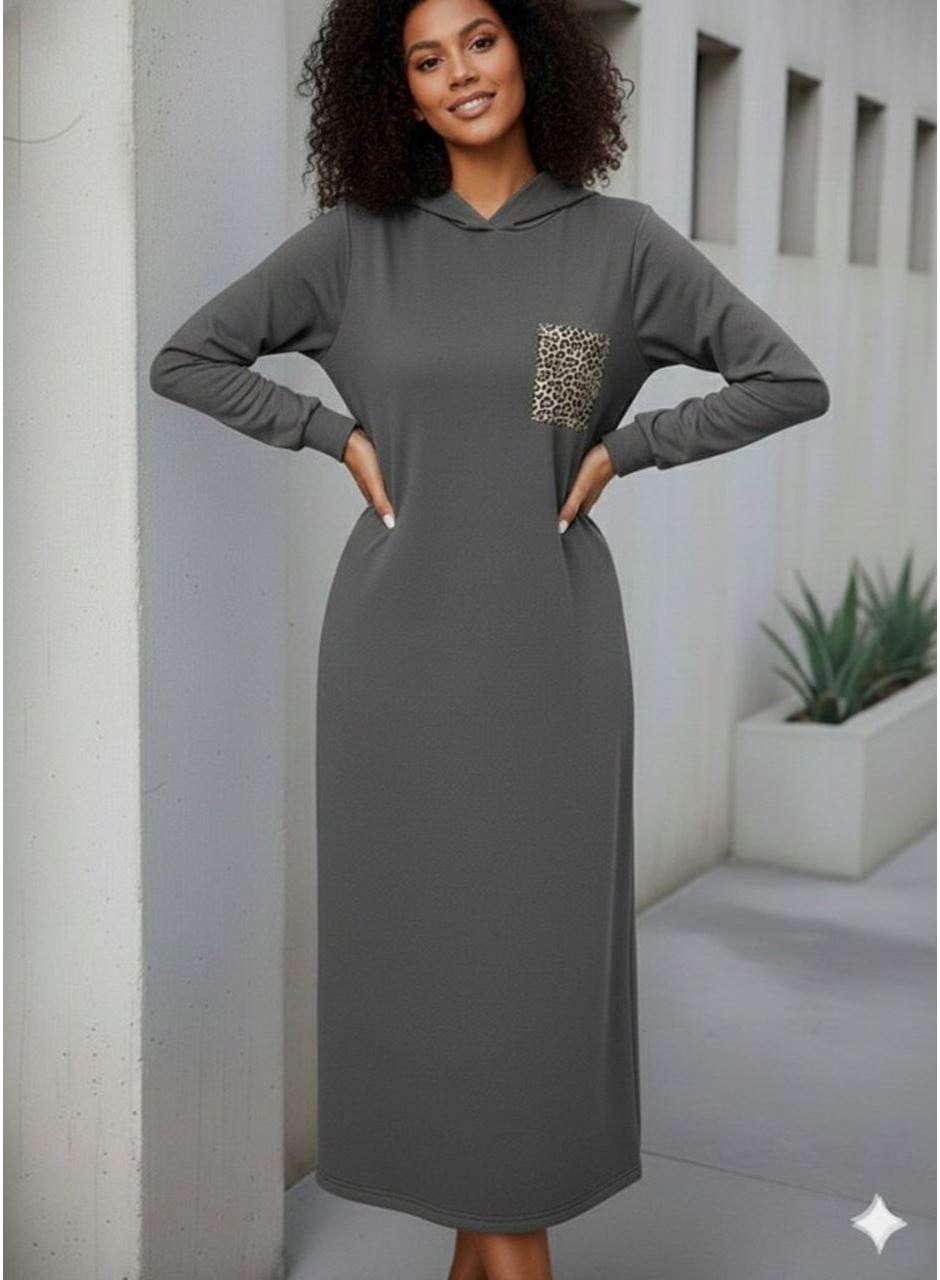 Kadın Uzun Kollu Kapşonlu Cep Detaylı Viskon Iki Iplik Maxi Elbise