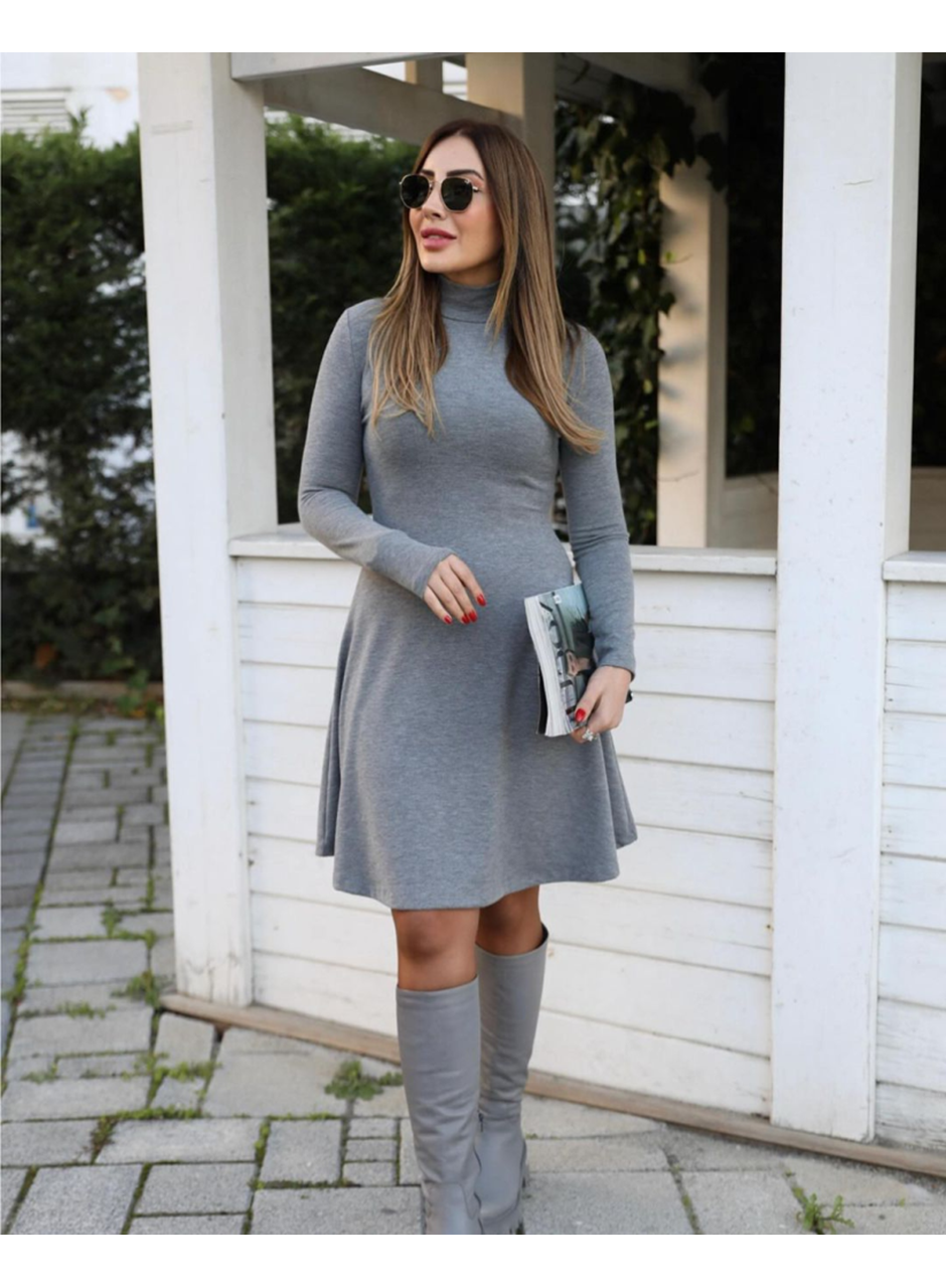 Kadın Uzun Kollu Balıkçı Yaka Salaş Kusa Akrilik Elbise