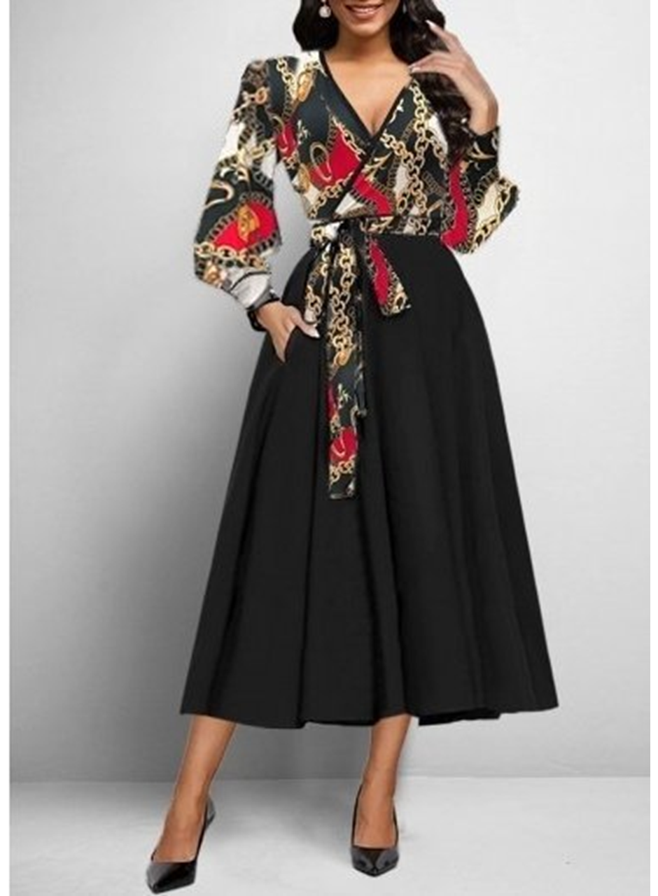 Kadın Uzun Kollu Kruvaze Yaka Dalgıç Krep Midi Boy Elbise