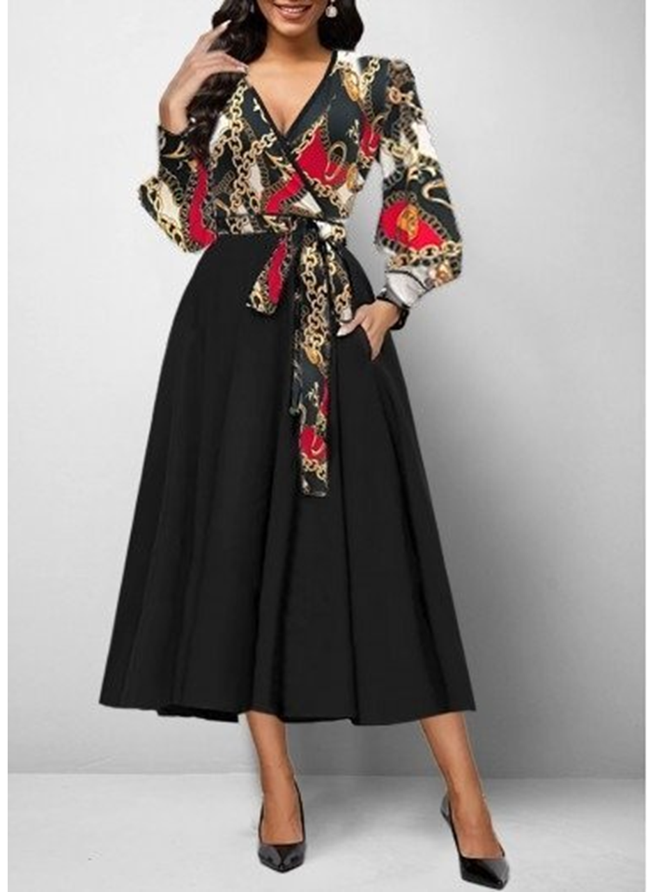 Kadın Uzun Kollu Kruvaze Yaka Dalgıç Krep Midi Boy Elbise