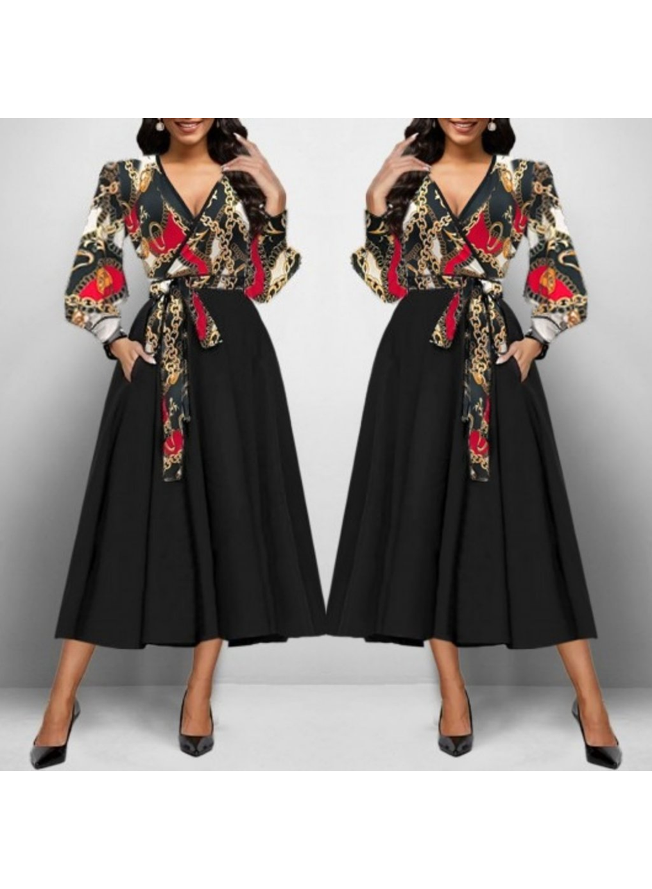 Kadın Uzun Kollu Kruvaze Yaka Dalgıç Krep Midi Boy Elbise