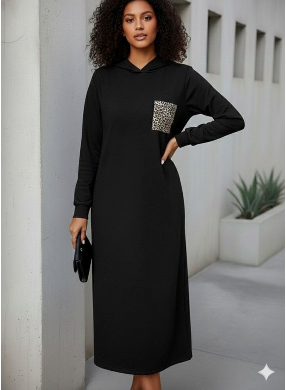 Kadın Uzun Kollu Kapşonlu Cep Detaylı Viskon Iki Iplik Maxi Elbise