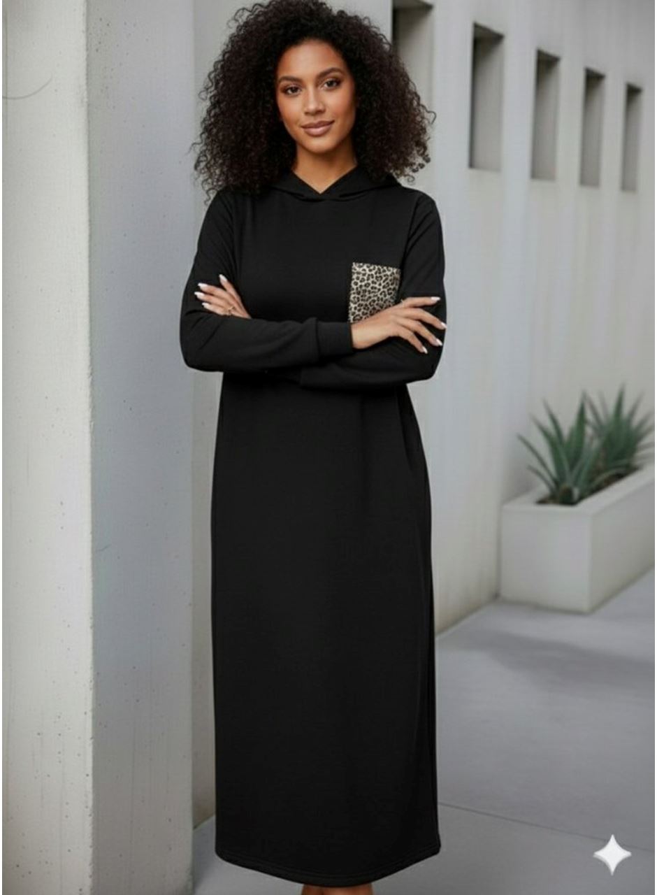 Kadın Uzun Kollu Kapşonlu Cep Detaylı Viskon Iki Iplik Maxi Elbise