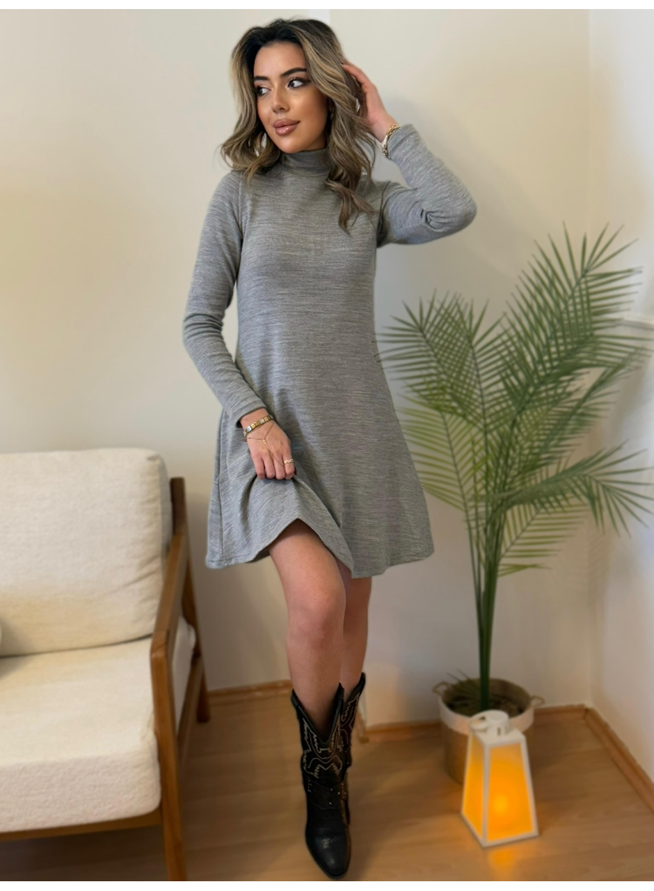 Kadın Uzun Kollu Balıkçı Yaka Salaş Kusa Akrilik Elbise