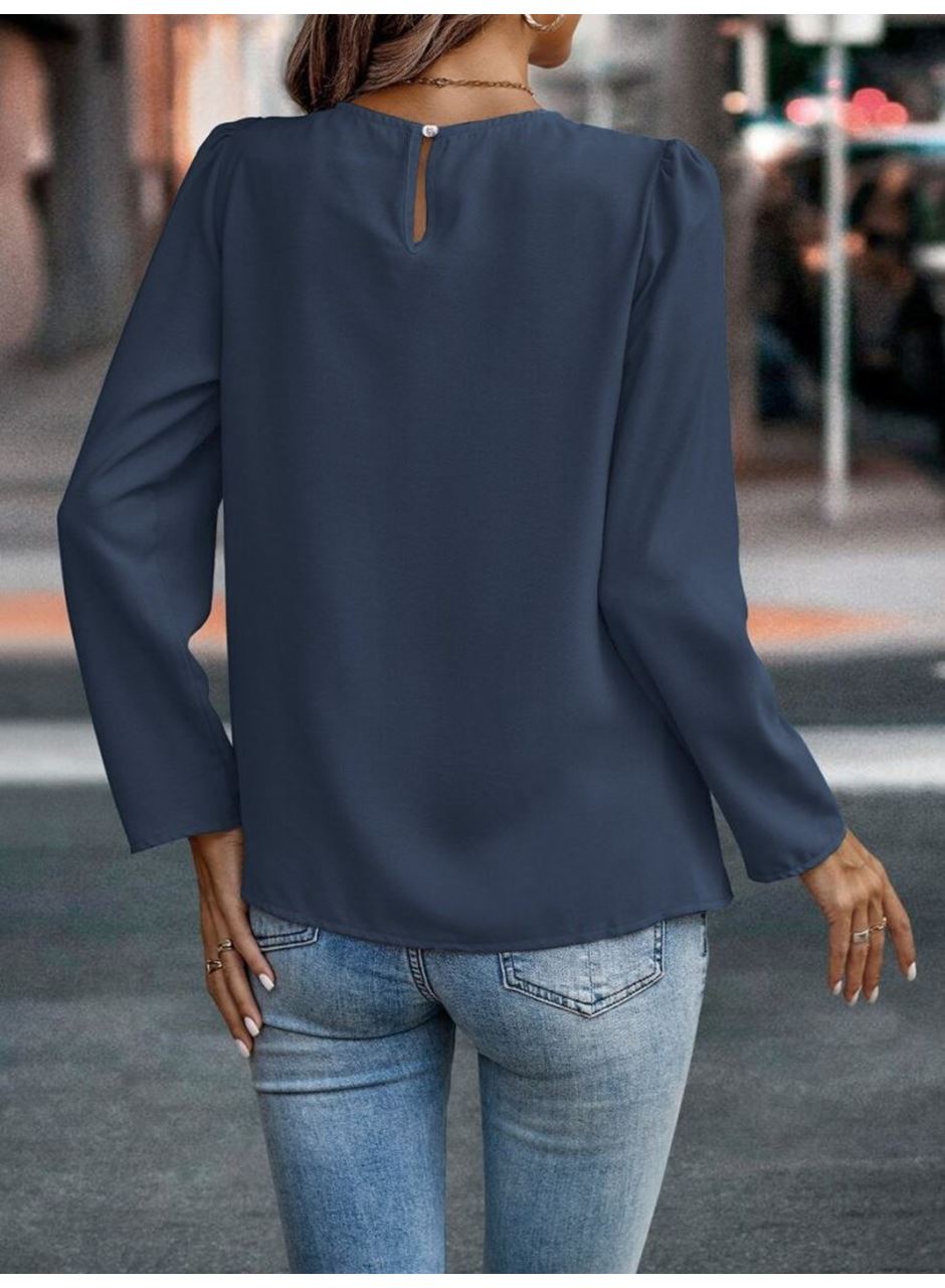 Kadın Uzun Kollu Yuvarlak önden Pileli Ithal Krep Bluz