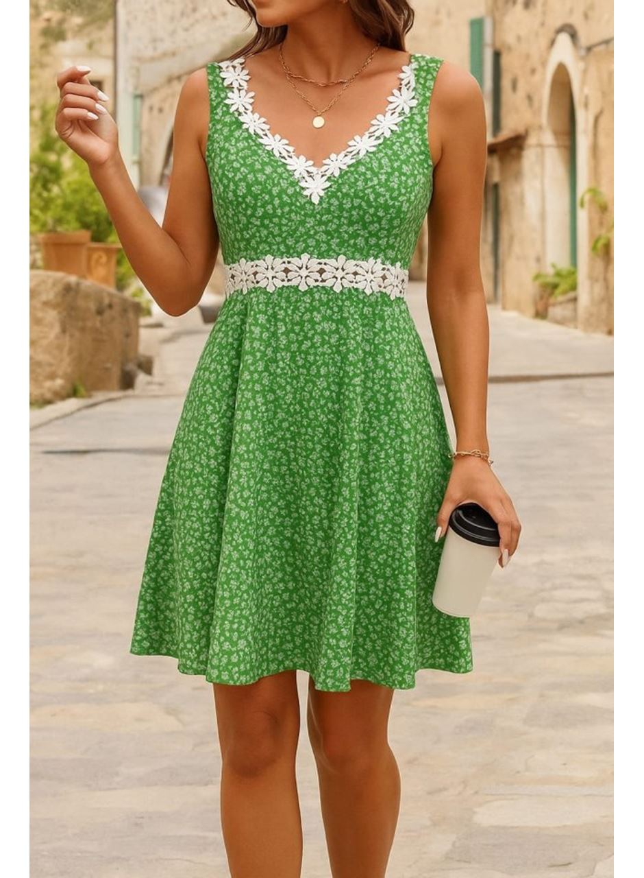 Kadın Askılı Dantel Yakalı çiçek Desenli Süprem Elbise