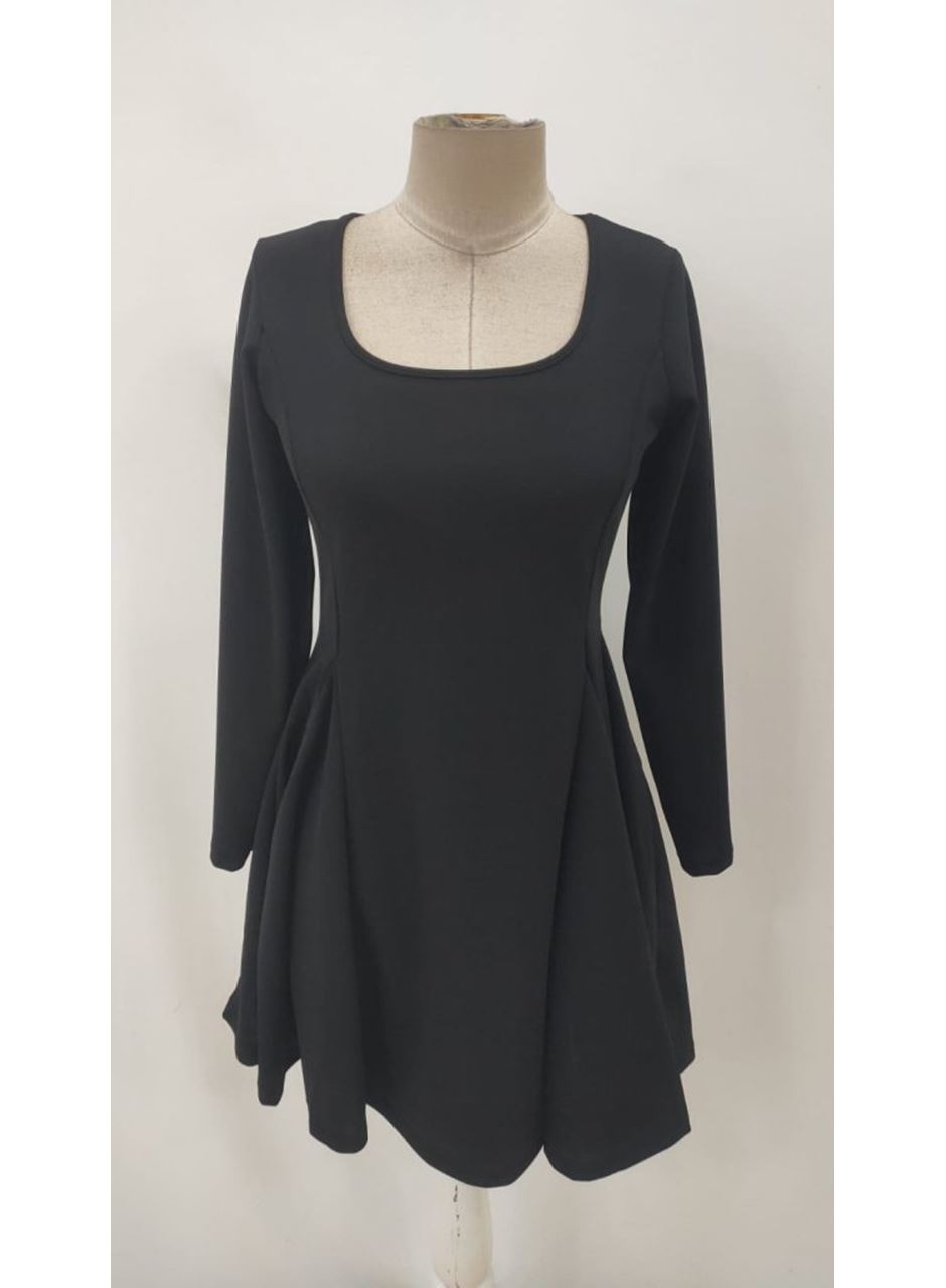 Kadın Uzun Kollu Kare Yakalı Mini Ithal Krep Elbise