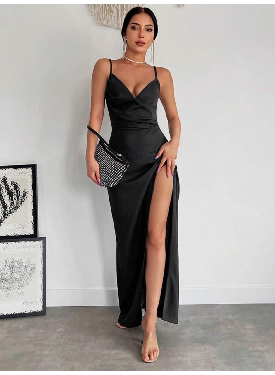 Kadın Askılı Kruvaze Yaka Derin Yırtmaçlı Krep Elbise