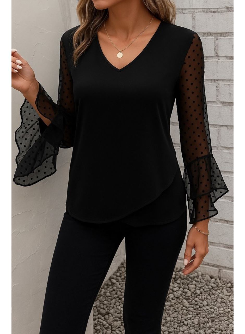 Kadın Uzun Kollu V Yakalı Kolları Ispanyol Detayı Sandy Bluz