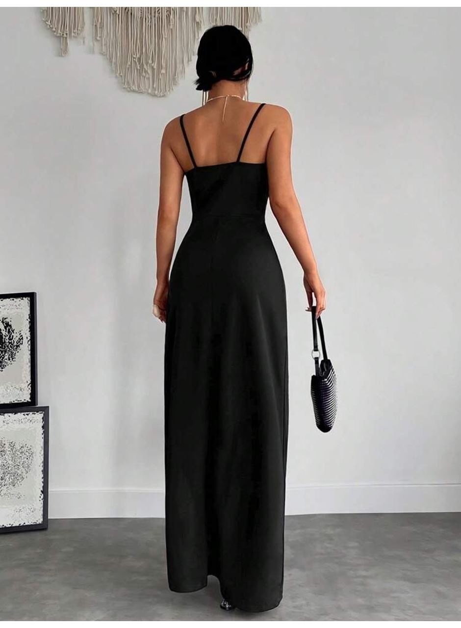 Kadın Askılı Kruvaze Yaka Derin Yırtmaçlı Krep Elbise