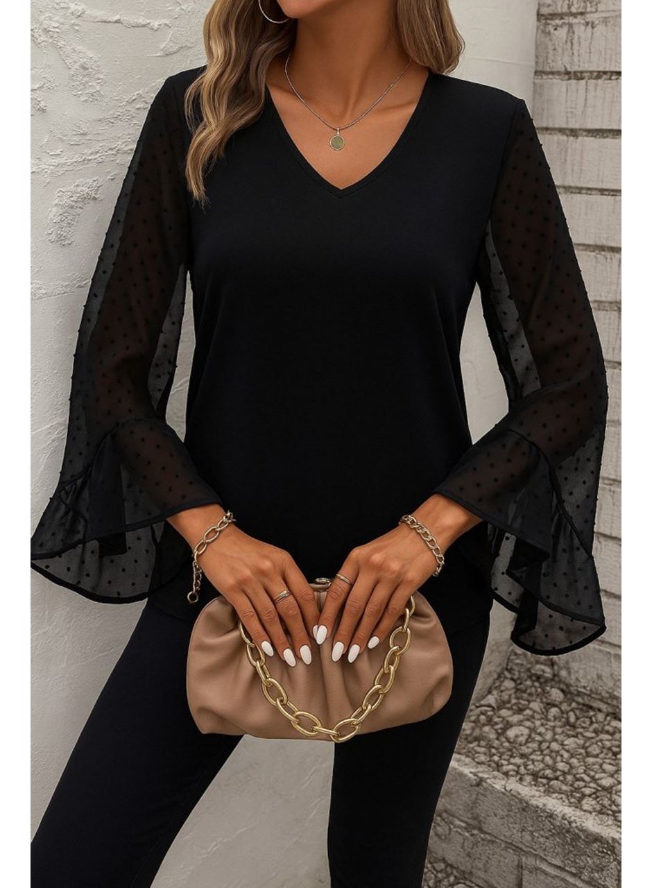 Kadın Uzun Kollu V Yakalı Kolları Ispanyol Detayı Sandy Bluz