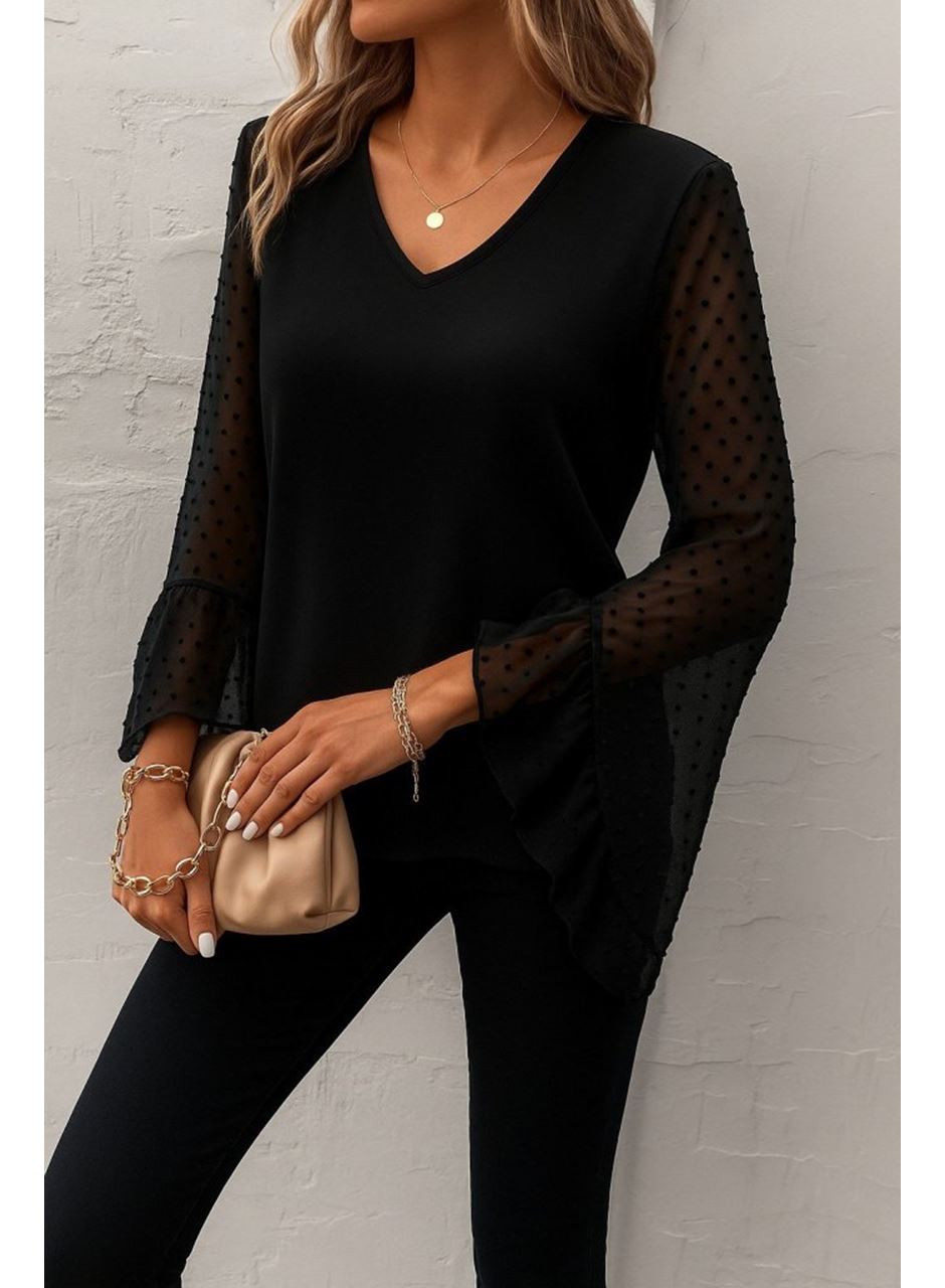 Kadın Uzun Kollu V Yakalı Kolları Ispanyol Detayı Sandy Bluz