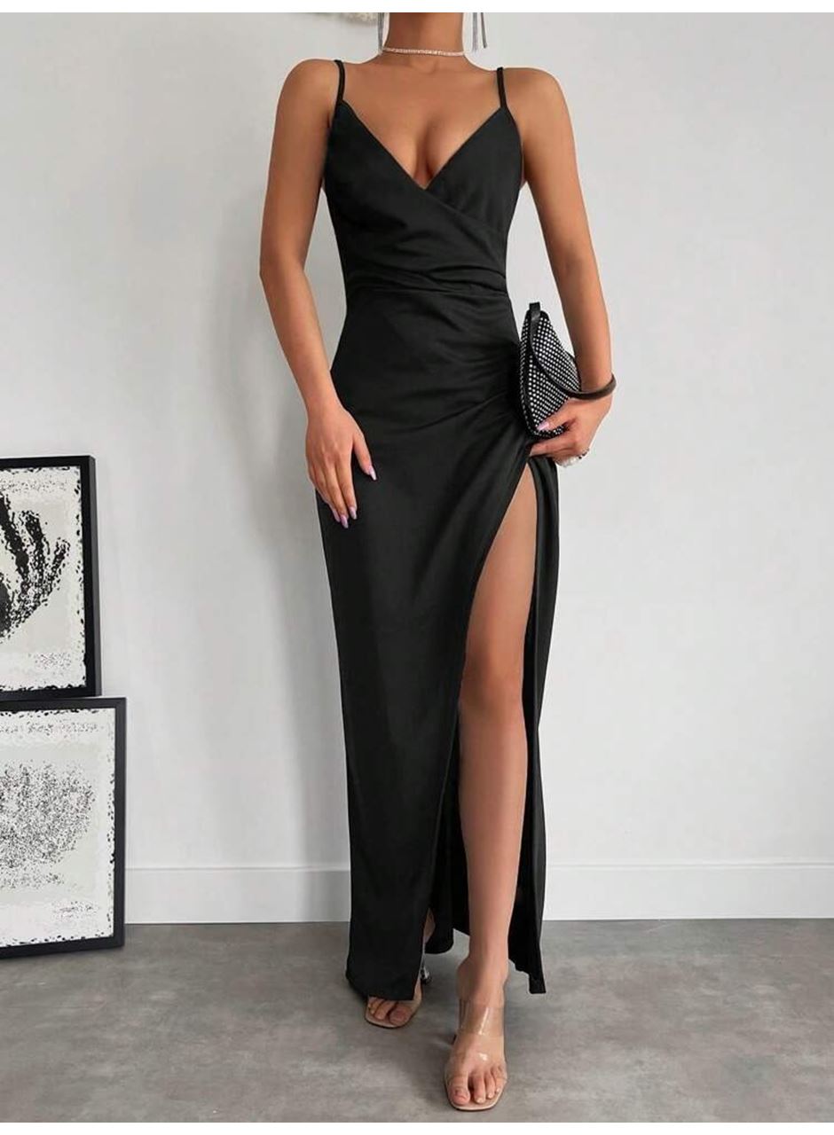 Kadın Askılı Kruvaze Yaka Derin Yırtmaçlı Krep Elbise