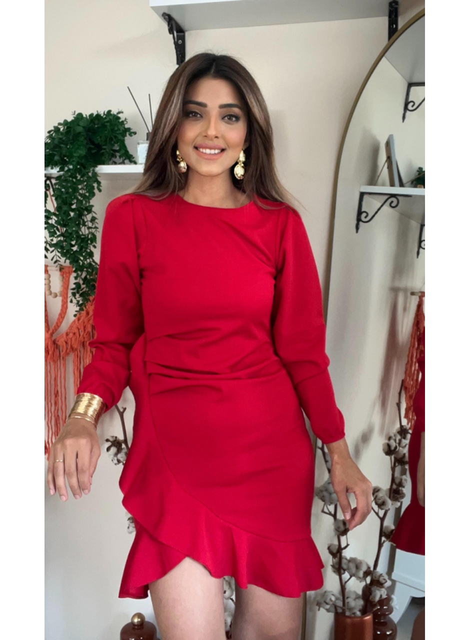 Kadın Uzun Kollu Bisiklet Yaka önden Volanlı Ithal Krep Elbise