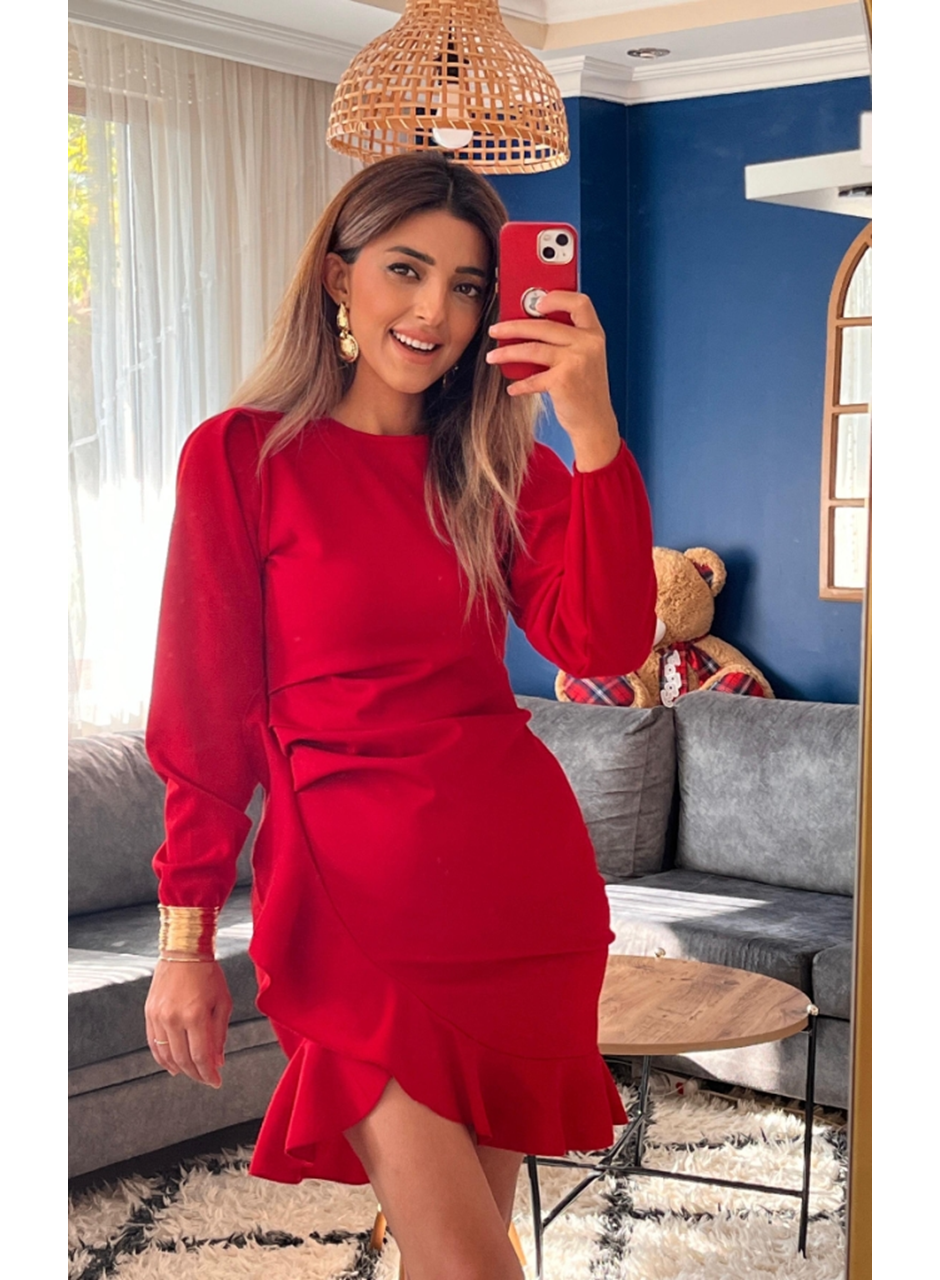 Kadın Uzun Kollu Bisiklet Yaka önden Volanlı Ithal Krep Elbise