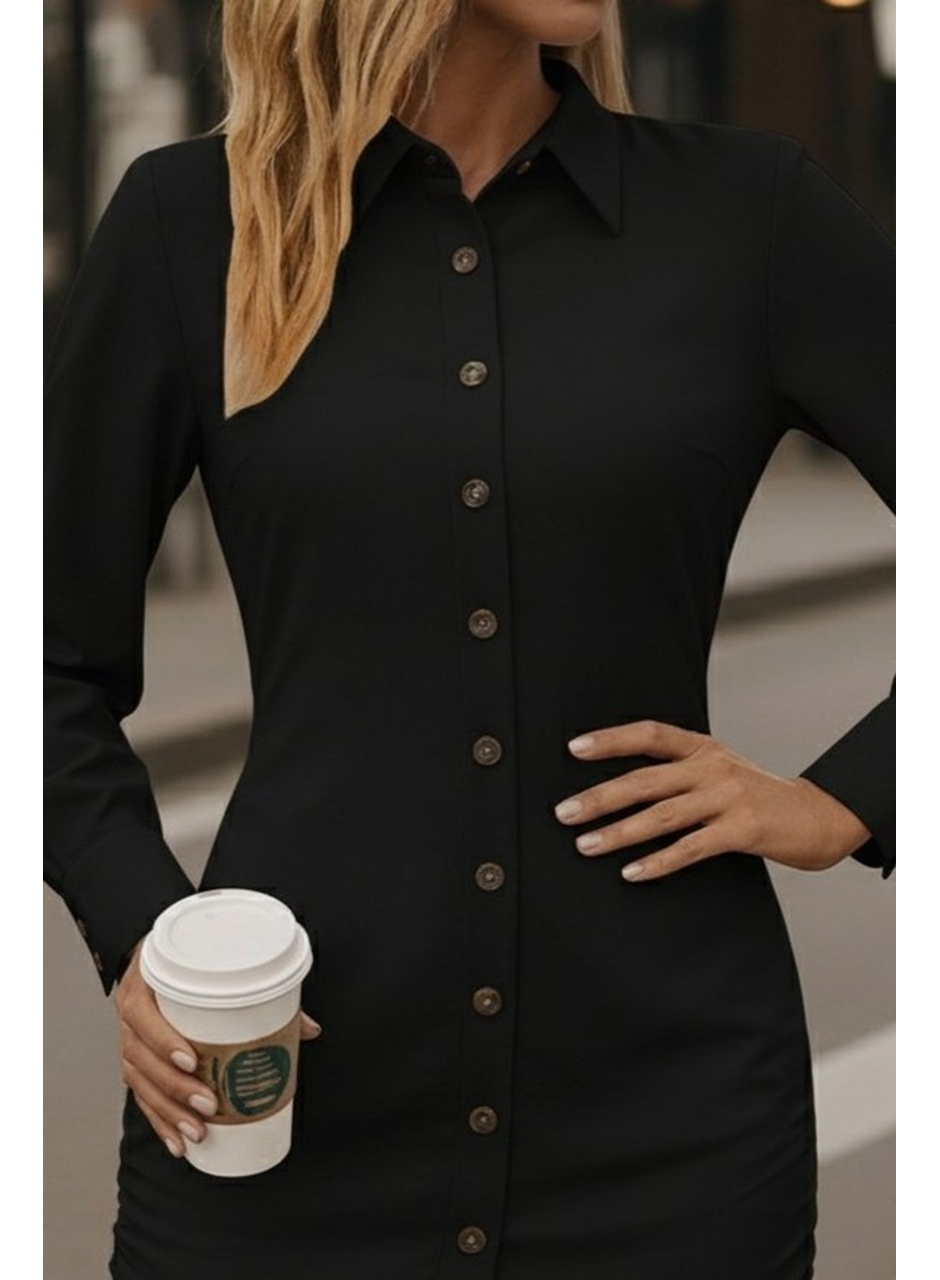 Kadın Uzun Kollu Gömlek Yaka önden Düğmeli Yanlardan Büzgülü Kısa Aerobin Elbise