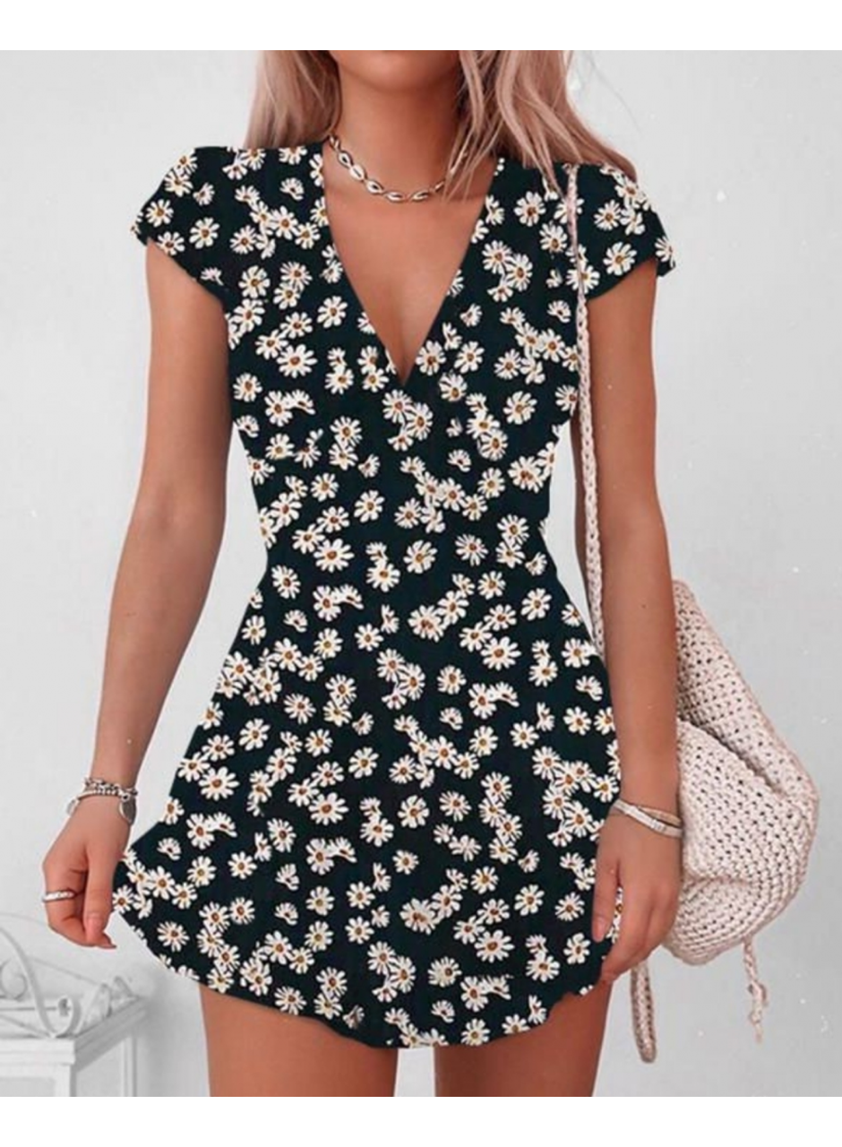 Kadın Kısa Kollu Kruvaze Yaka Papatya Baskılı Krep Elbise