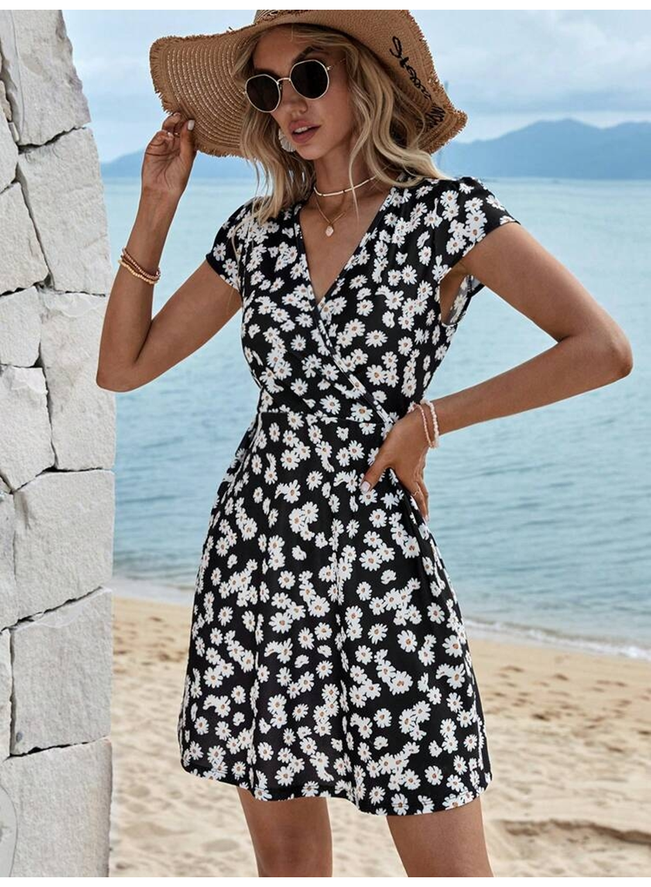 Kadın Kısa Kollu Kruvaze Yaka Papatya Baskılı Krep Elbise