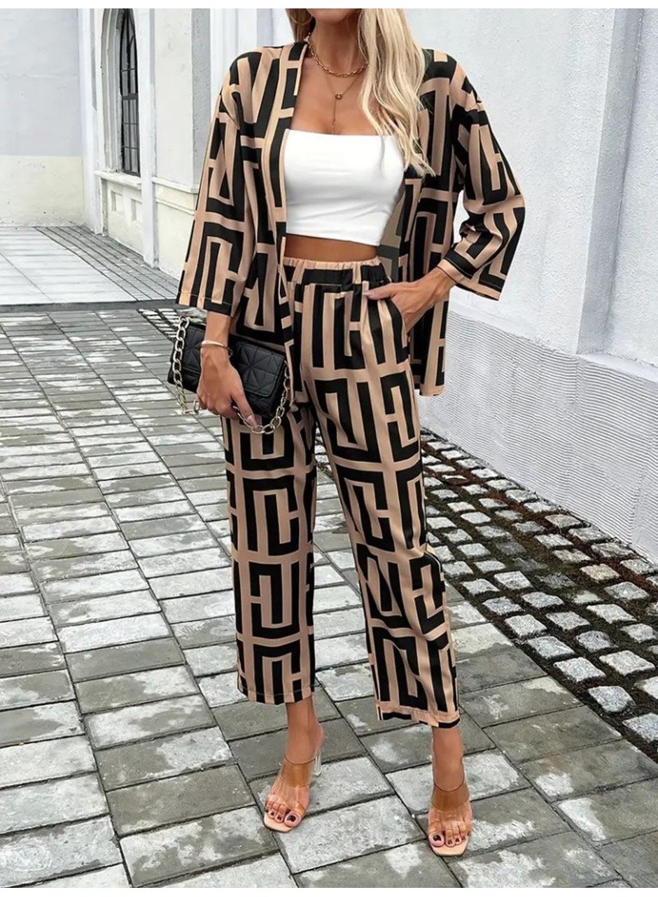 Kadın Uzun Kollu önü Açık Desenli Iki Iplik Ceket Ve Pantolon Ikili Takım