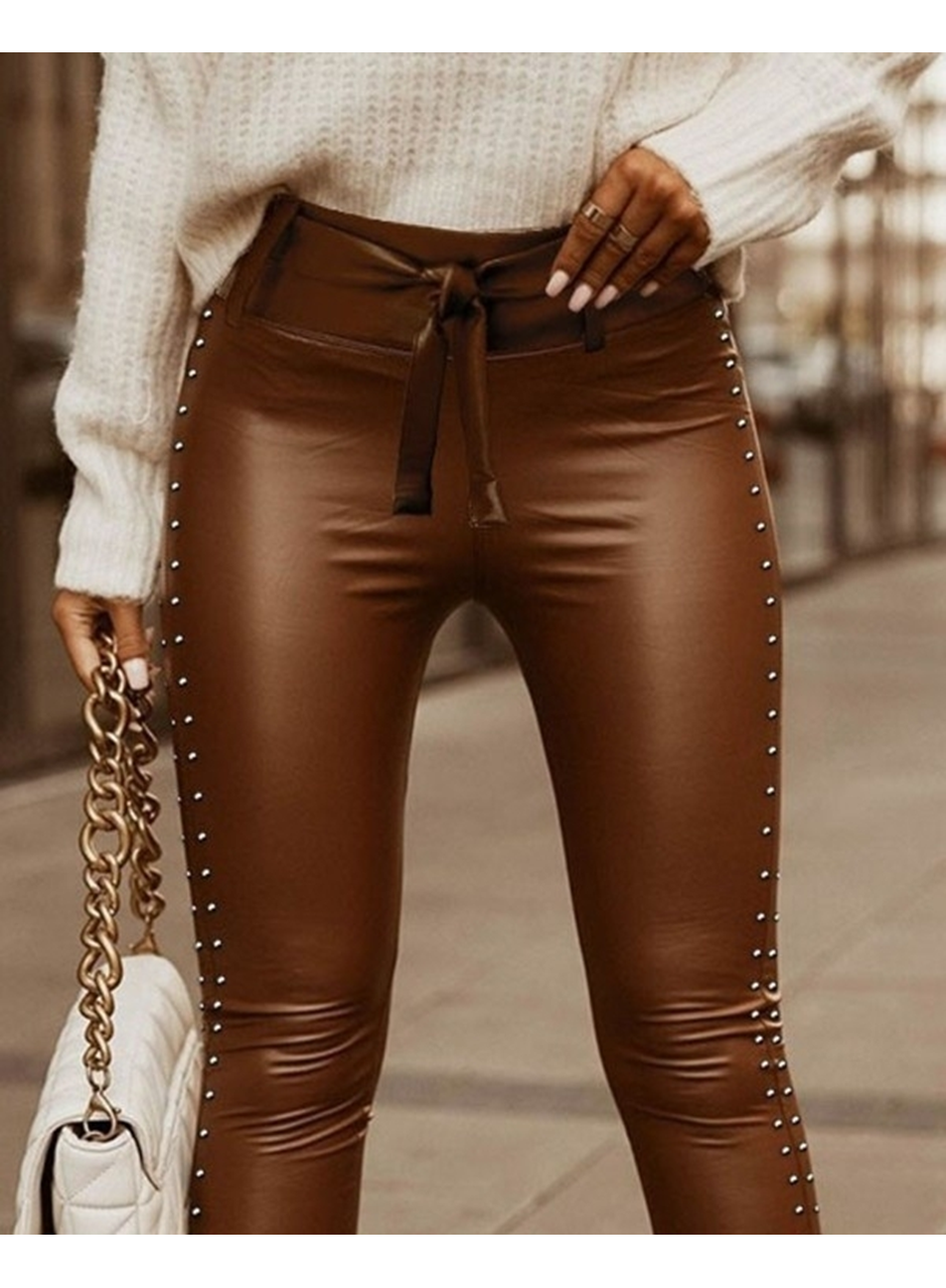 Kadın Yüksek Bel Yanlardan Incili Yırtmaçlı Uzun Deri Tayt