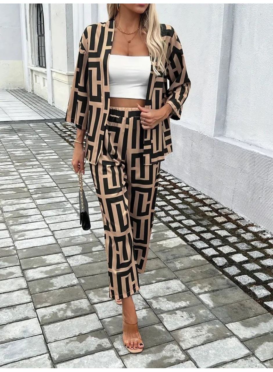 Kadın Uzun Kollu önü Açık Desenli Iki Iplik Ceket Ve Pantolon Ikili Takım