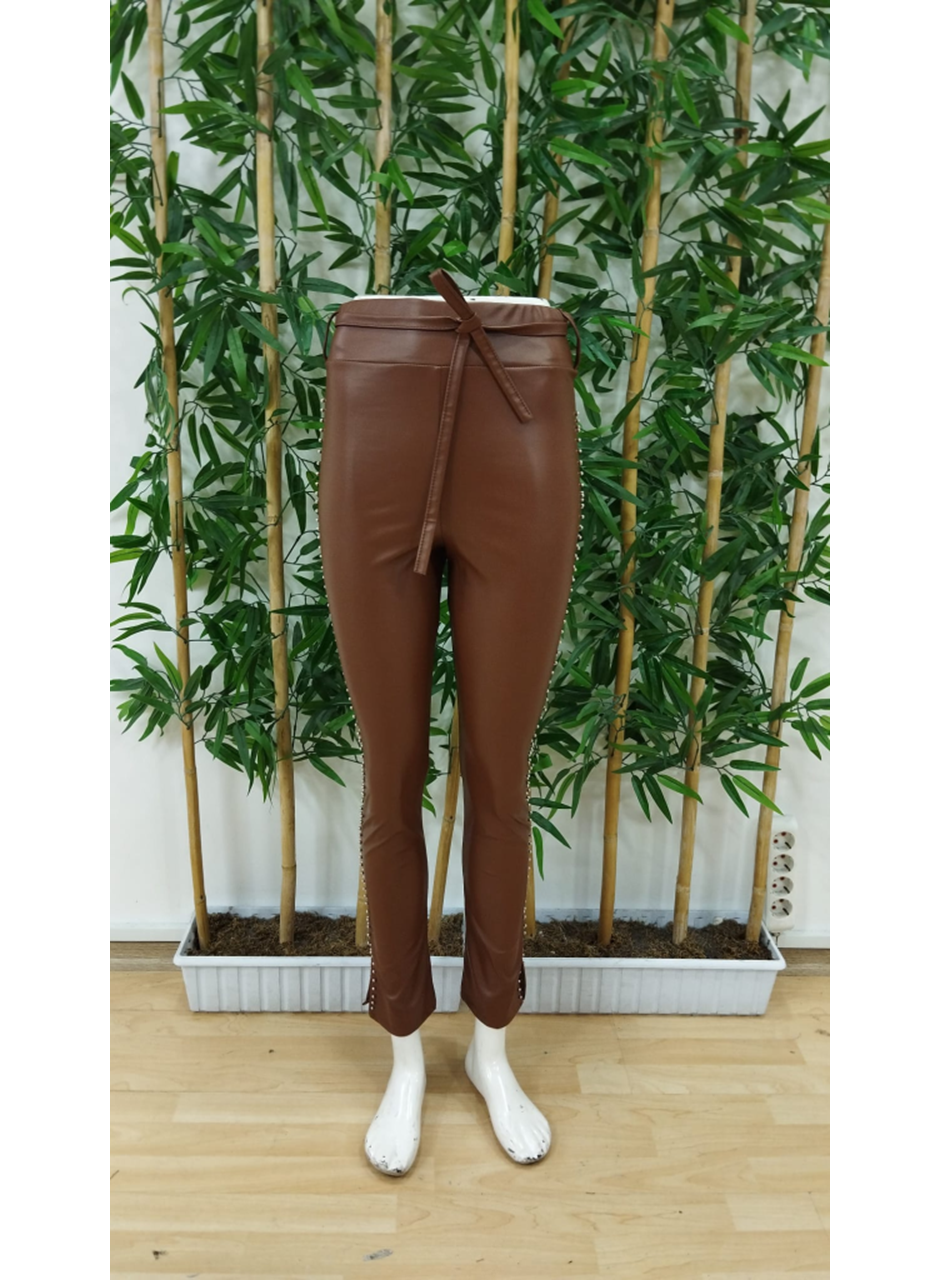 Kadın Yüksek Bel Yanlardan Incili Yırtmaçlı Uzun Deri Tayt