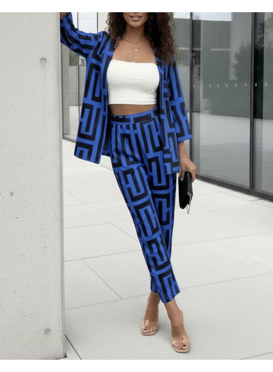 Kadın Uzun Kollu önü Açık Desenli Iki Iplik Ceket Ve Pantolon Ikili Takım