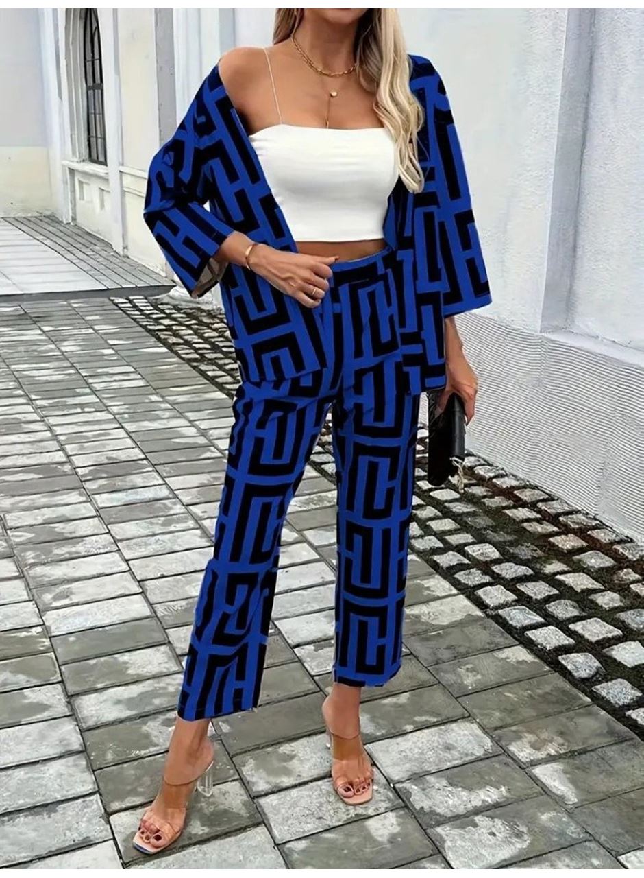 Kadın Uzun Kollu önü Açık Desenli Iki Iplik Ceket Ve Pantolon Ikili Takım