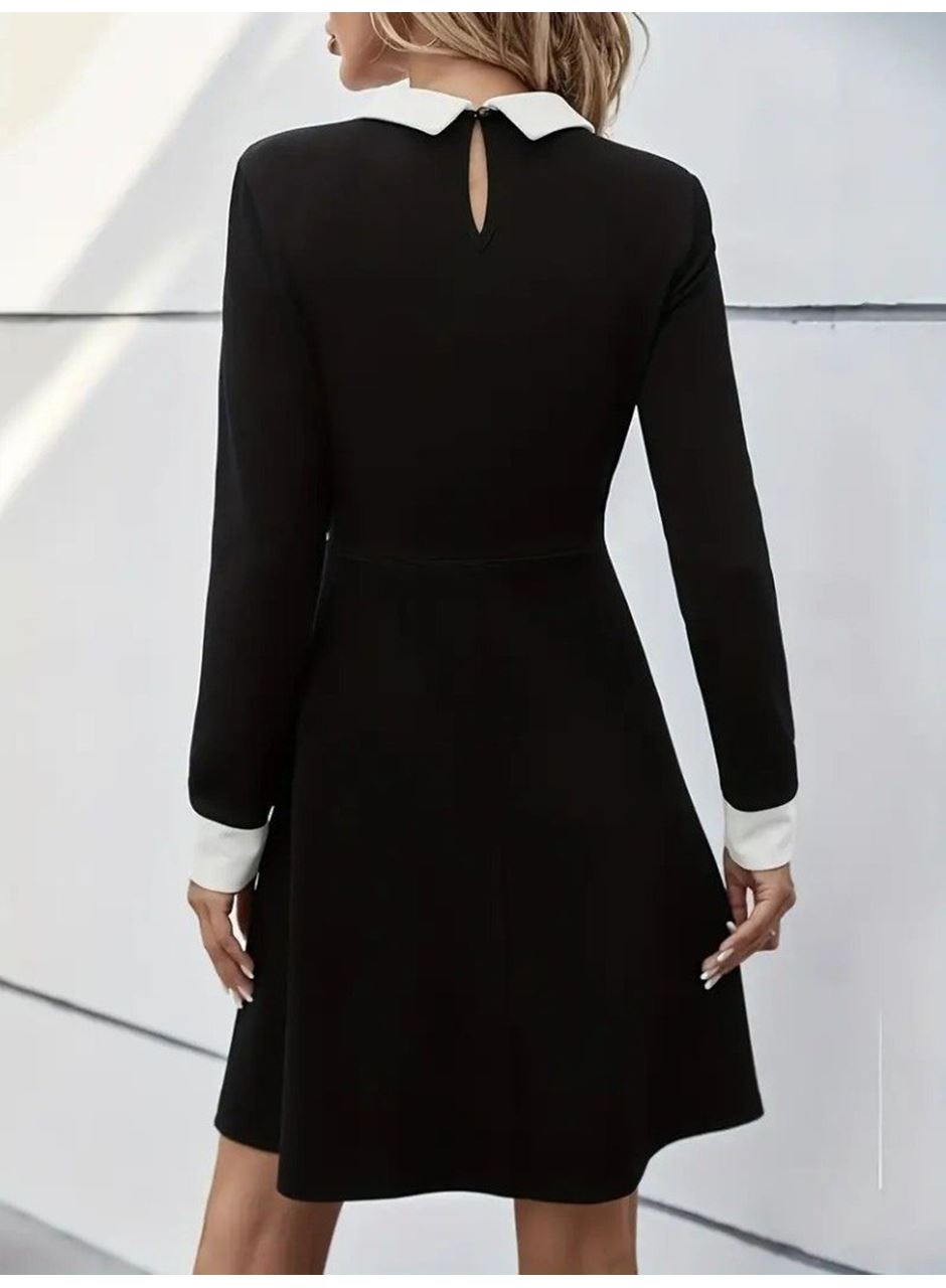 Kadın Uzun Kollu Yakalı Düğmeli Kısa Modal Mini Elbise