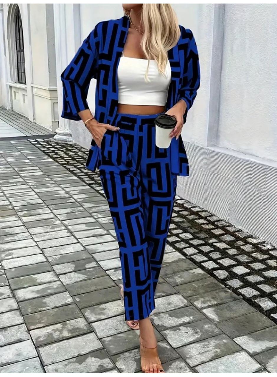 Kadın Uzun Kollu önü Açık Desenli Iki Iplik Ceket Ve Pantolon Ikili Takım