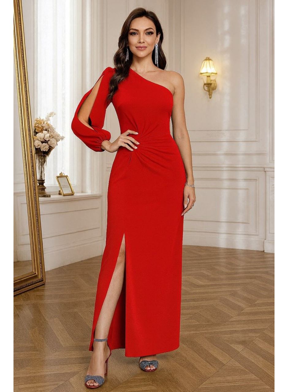 Tek Omuz Açık Derin Yırtmaçlı Krep Tam Boy Elbise