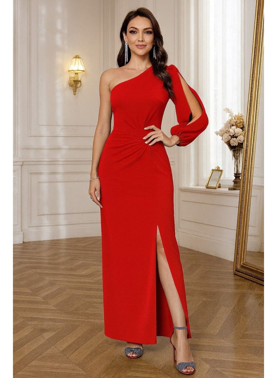 Tek Omuz Açık Derin Yırtmaçlı Krep Tam Boy Elbise