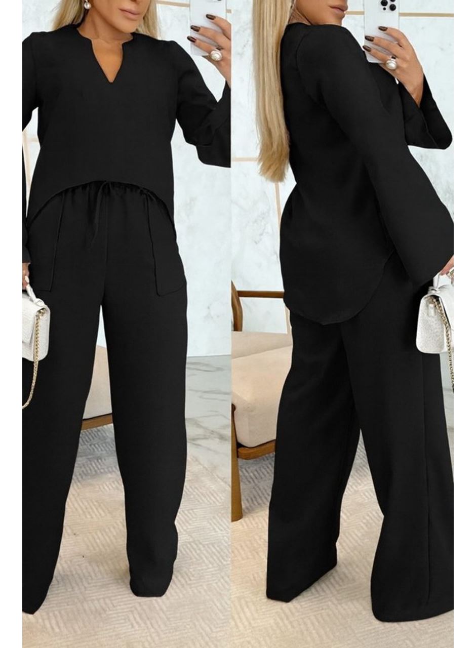 Kadın Uzun Kollu V Yakalı Keten Bluz Bağcıklı Pantolon Ikili Takım