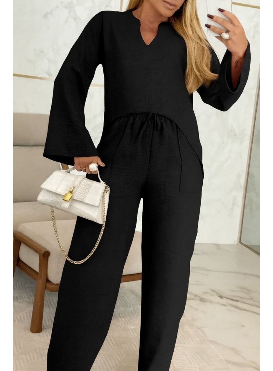 Kadın Uzun Kollu V Yakalı Keten Bluz Bağcıklı Pantolon Ikili Takım