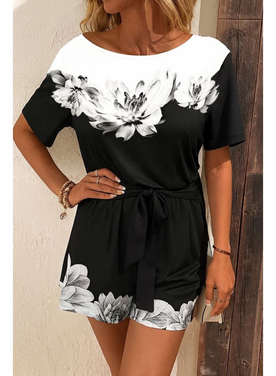 Kadın Tek Omuzu Açık çiçek Desenli Beli Kuşaklı Iki Iplik Mini Short Tulum