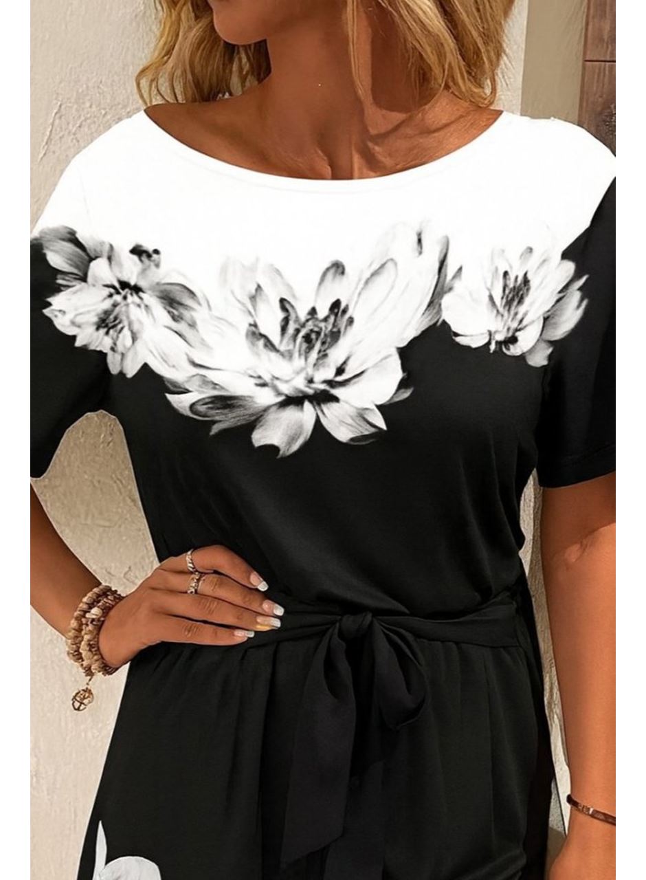 Kadın Tek Omuzu Açık çiçek Desenli Beli Kuşaklı Iki Iplik Mini Short Tulum