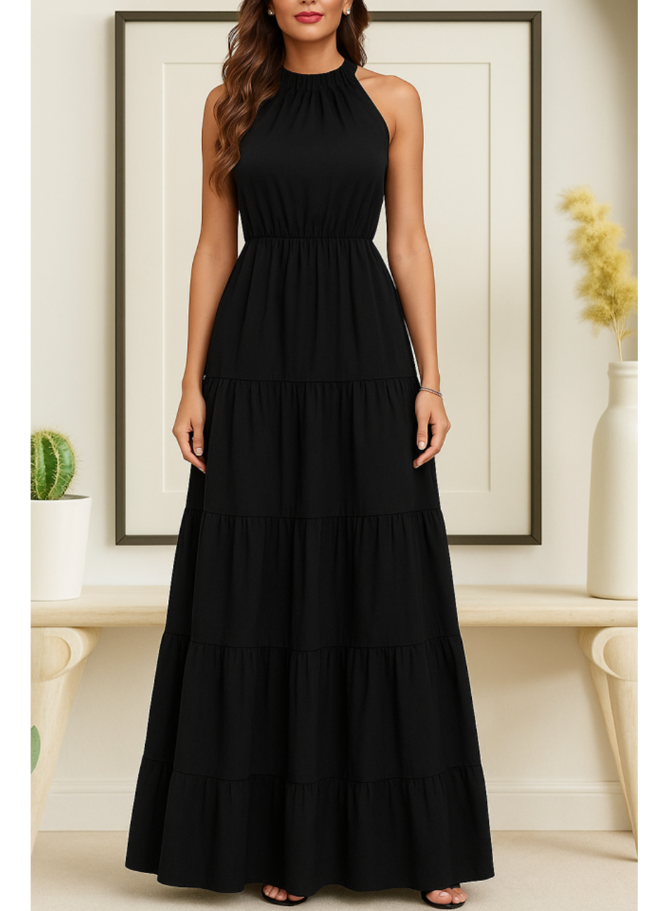 Kadın Kolsuz Halter Yaka Beli Lastiklidesenli Mikro Elbise