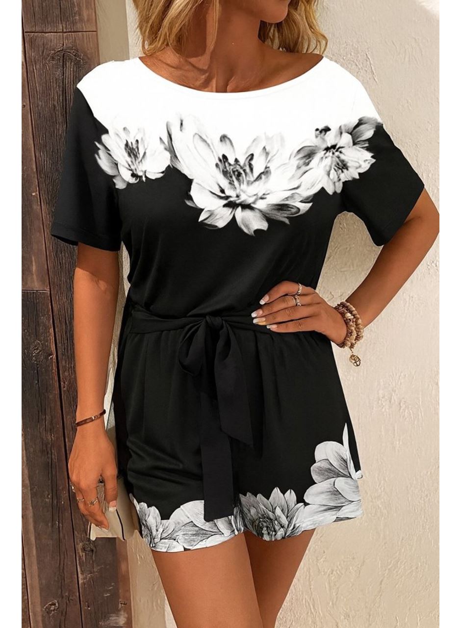 Kadın Tek Omuzu Açık çiçek Desenli Beli Kuşaklı Iki Iplik Mini Short Tulum