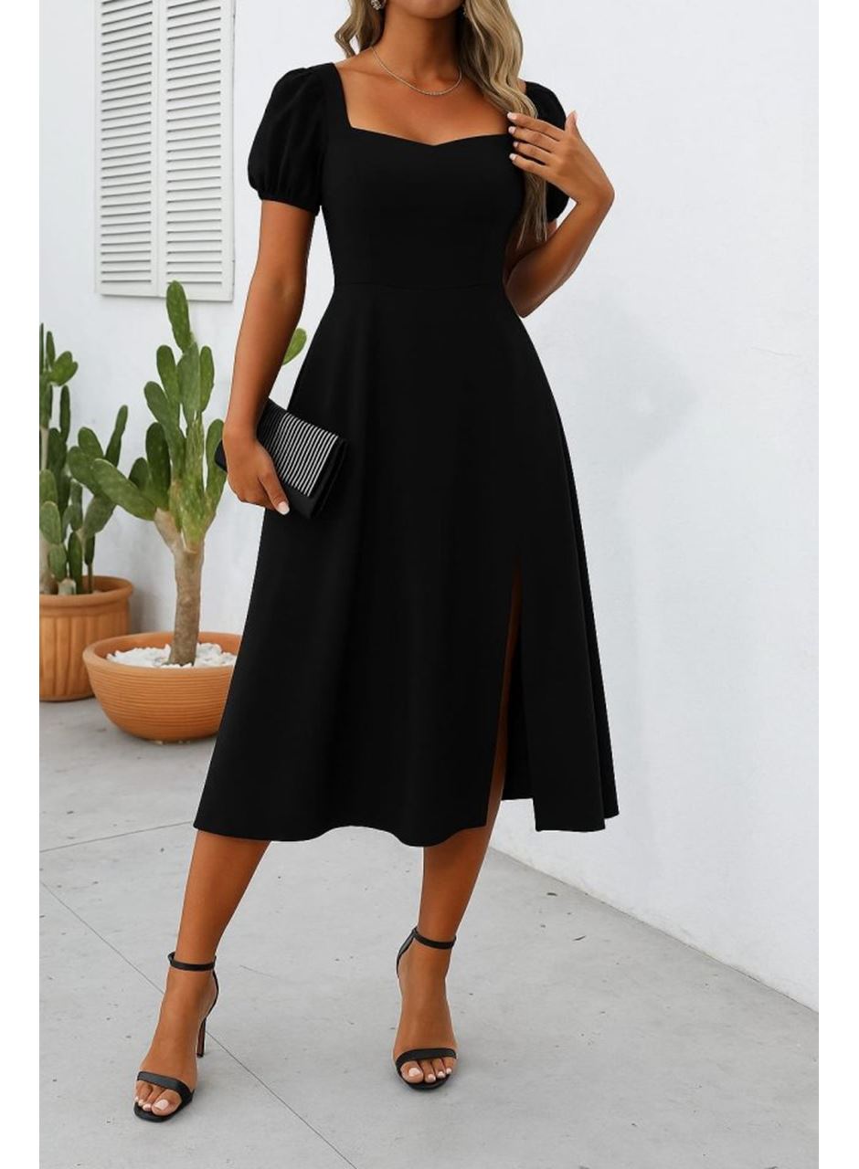 Kadın Kısa Kollu Kare Yakalı Yırtmaçlı Midi Janjan Krep Elbise