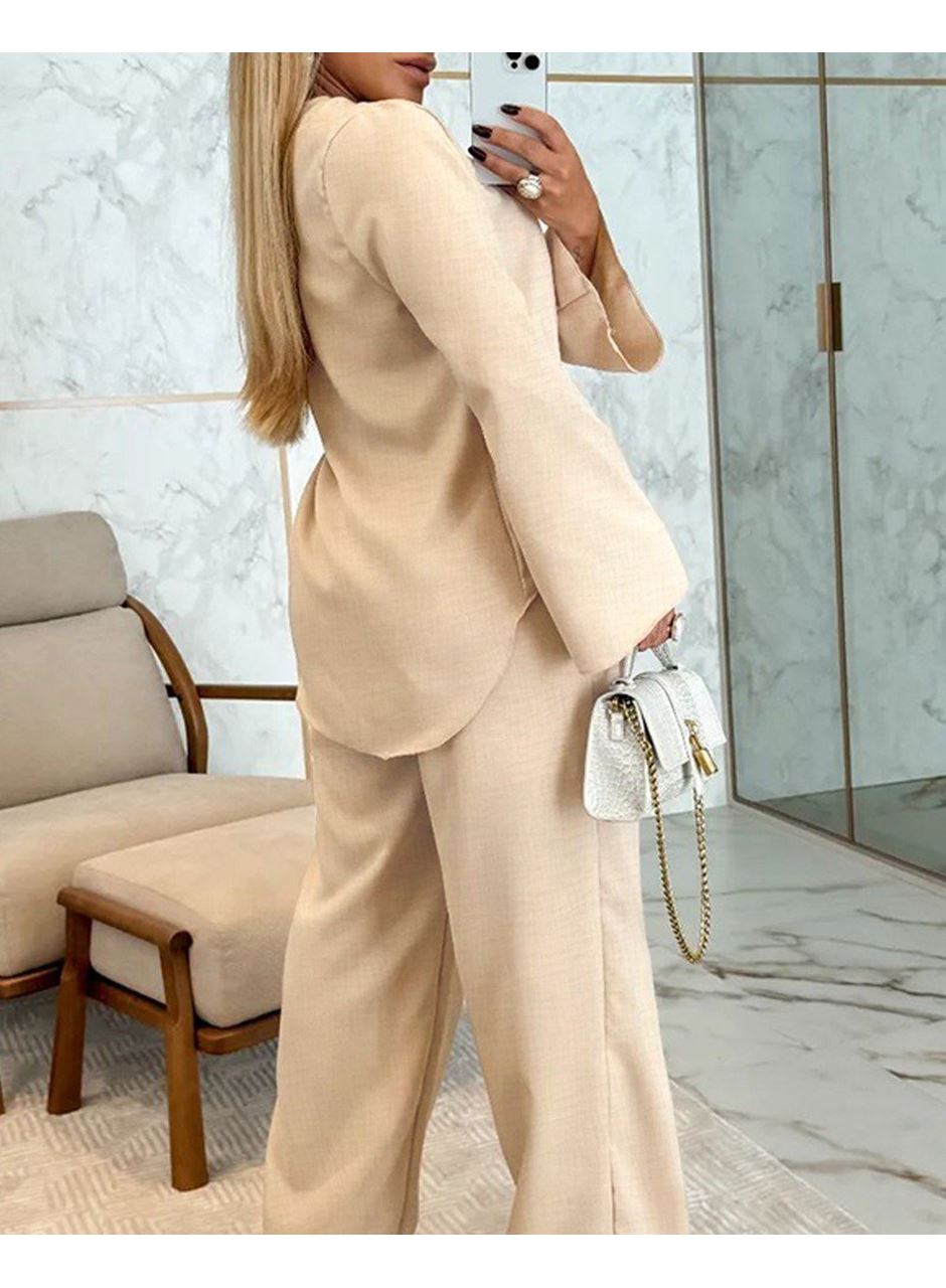Kadın Uzun Kollu V Yakalı Keten Bluz Bağcıklı Pantolon Ikili Takım