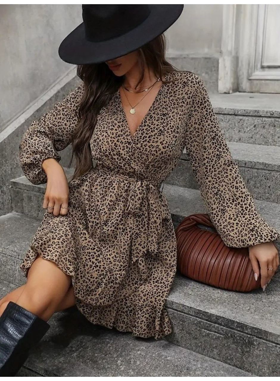 Kadın Uzun Kollu Kruvaze Yakalı Kuşaklı Desenli Kısa Modal Mini Elbise