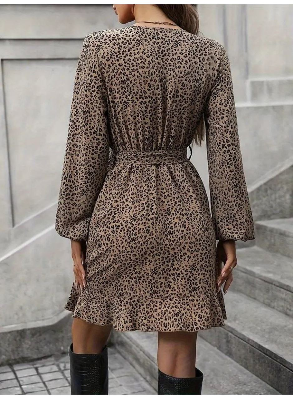 Kadın Uzun Kollu Kruvaze Yakalı Kuşaklı Desenli Kısa Modal Mini Elbise