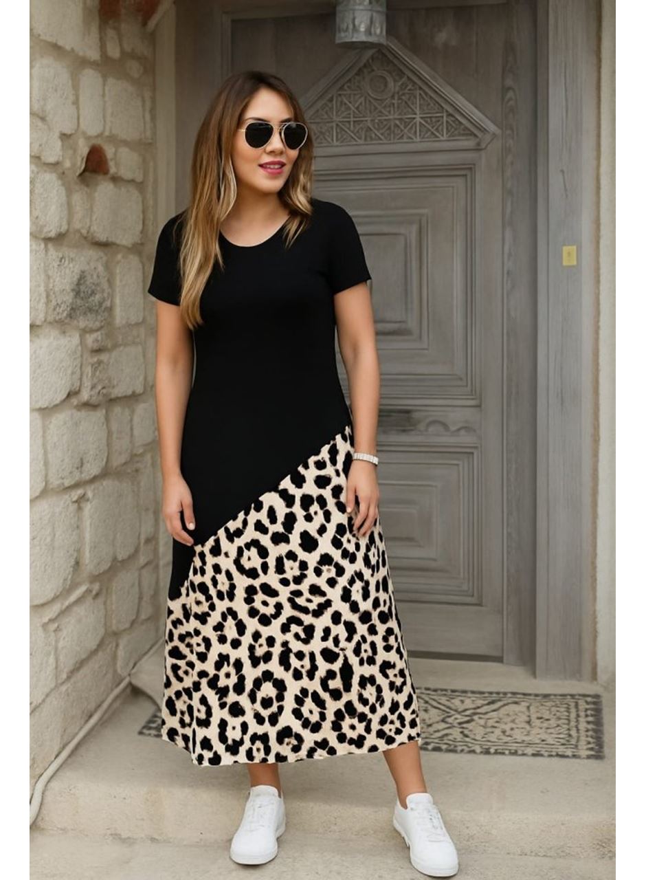 Kadın Kısa Kollu Bisiklet Yaka Leopar Detaylı Midi üst Viskon Alt Süprem Elbise