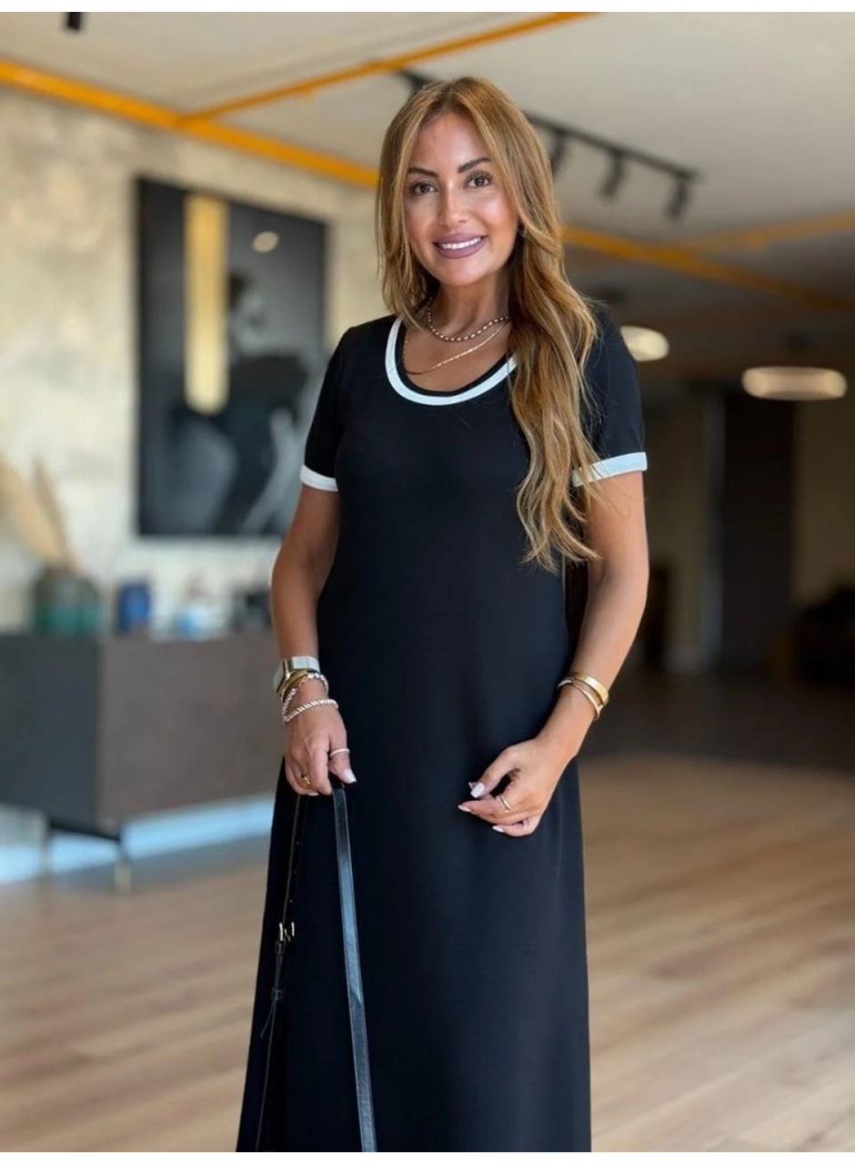 Kadın Kısa Kollu Yuvarlak Yaka Yandan Yırtmaçlı Midi Viskon Elbise